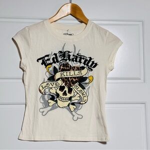 NWT Ed Hardy Love Kills Slowly Graphic Skull Tee in Cream size S